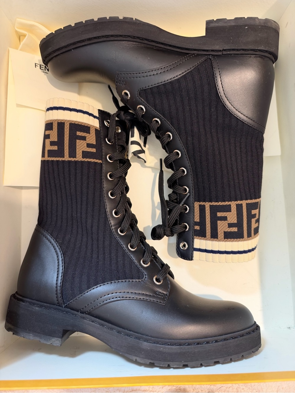 Fendi Black Knit Lace-Up Combat Boots with Brown Logo Cuff